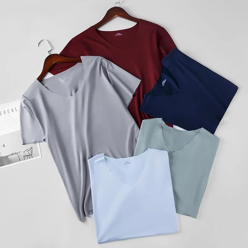 Men's Skinny Undershirt Plus Size Ice Silk Basic Shirts Breathable V-Neck Seamless T-shirt Underwear Thin Slim Bottoming Shirt - Ellianto fashion Men's
