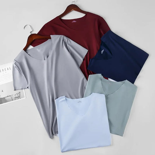 Men's Skinny Undershirt Plus Size Ice Silk Basic Shirts Breathable V-Neck Seamless T-shirt Underwear Thin Slim Bottoming Shirt - Ellianto fashion Men's