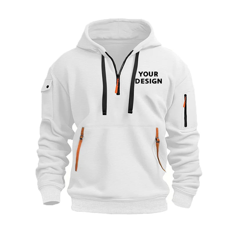 European New Men's Sports Zipper Arm Pocket Loose Casual Sweatshirt Customize Your Logo Dropped Shoulder Hooded Jacket Pullover - Ellianto fashion Men's