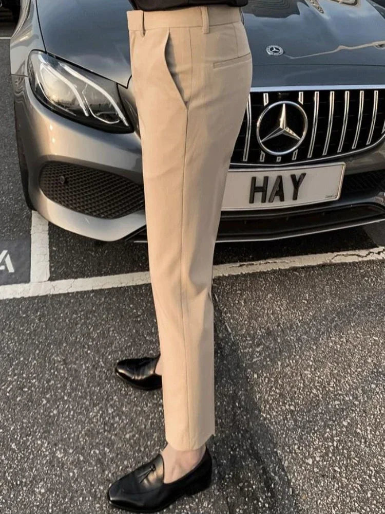 2025 Tressed Male Suit Trousers White Slim Fit Men's Summer Pants Straight 2024 Luxury Formal Work Wear New In Fabric Elegant Luxury - Ellianto fashion Men's