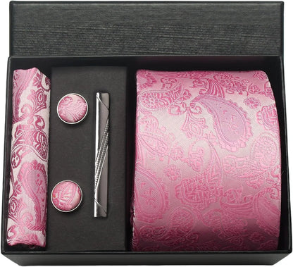100% Silk Necktie Paisley Floral Mens Tie Top Quality Business Tie Pocket Square Tie Clip Cufflinks Set Classic For Men Gift Box - Ellianto fashion Men's