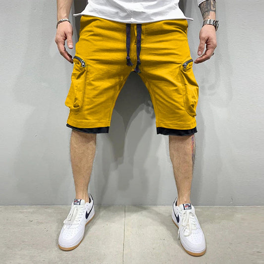 Mens Summer Cargo Shorts Cotton Workout Fitness Shorts Breathable Jogger Training Gyms Bodybuilding Multi Pocket Yellow Shorts - Ellianto fashion Men's