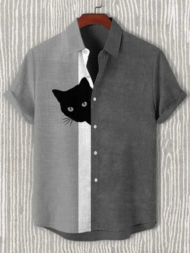 Men's Funny Shirts Harajuku Japanese Men Fun Hide And Seek Black Cat Print Casual Shirt 2025 Summer Holiday 3D Printing Blouse T - Ellianto fashion Men's