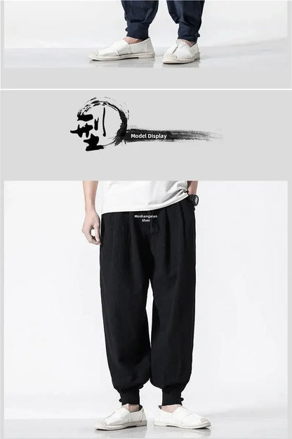 Loose-fit Cotton Linen Men's Women's Monk Pants No Tying Required Casual Spring Summer Long Pants For Zen Meditation - Ellianto fashion Men's