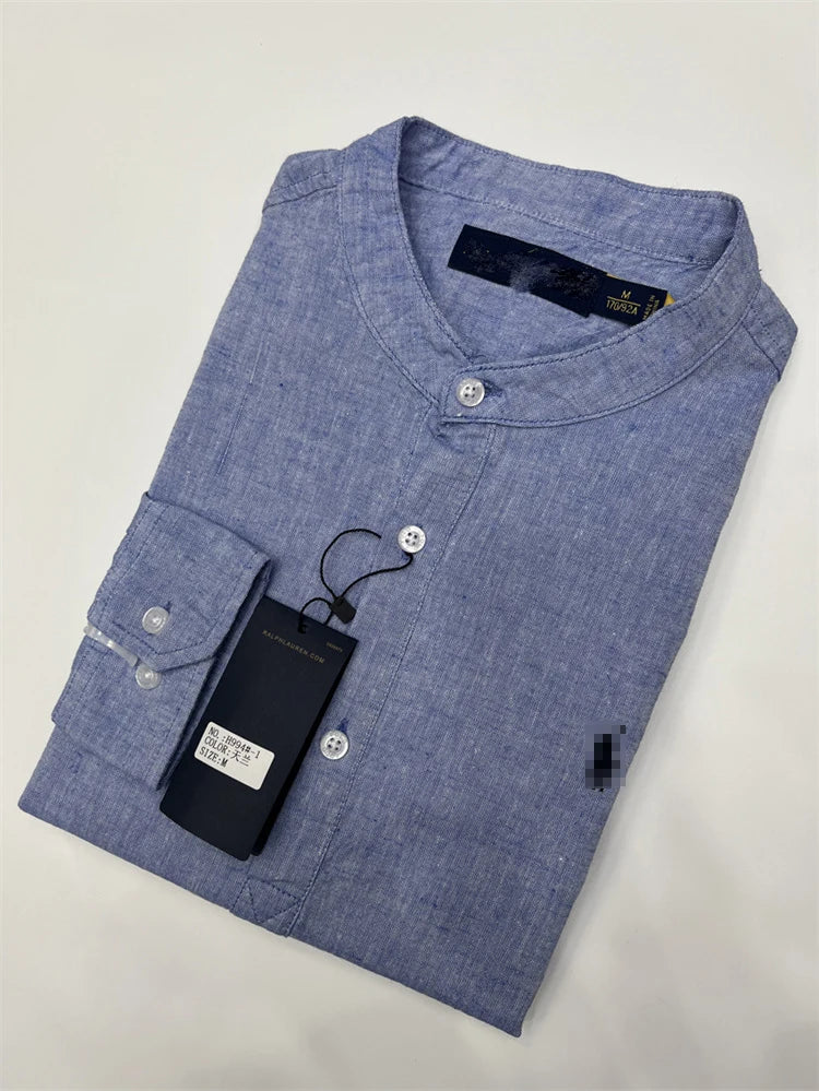 Spring Autumn Men's Linen Cotton Color Simple Embroidery Label Slim Long Sve irt Busin Casual Stand Collar irt - Ellianto fashion Men's