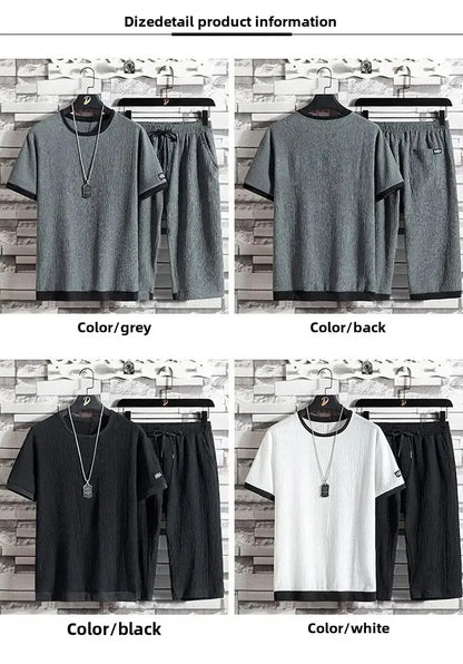 Ice Silk Summer Casual Sports Suit Men's Short Sleeve T-Shirt Shorts Set Fashionable Two-Piece Set for Men Comfortable Breathabl - Ellianto fashion Men's