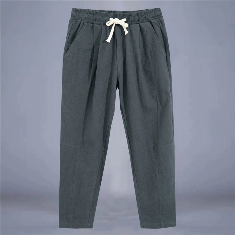 Men's Trousers Cotton Linen Fashion Casual Pants Solid Color Breathable Loose Shorts Straight Drawstring Pants Streetwear Men - Ellianto fashion Men's