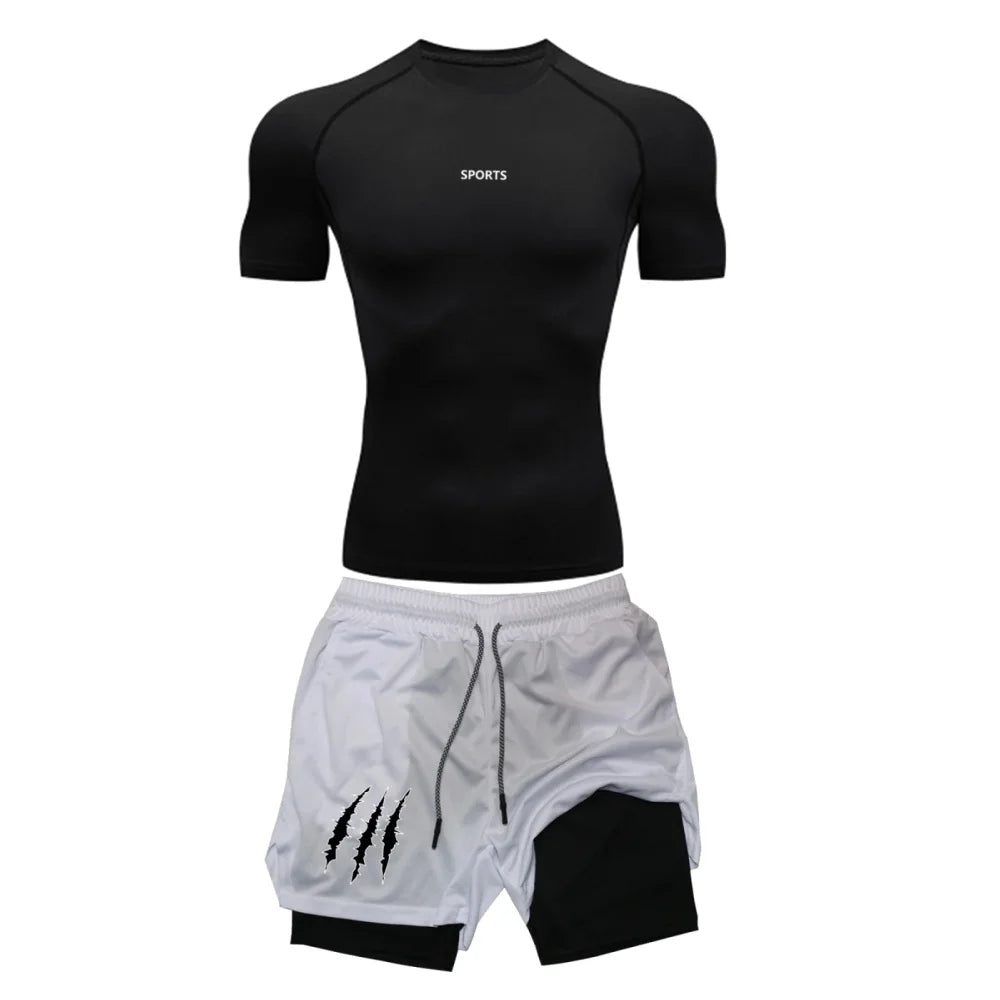 Men’s Sports Compression Set – Quick-Dry Rash Guard Top & 2-in-1 Stretch Shorts for Gym & Training