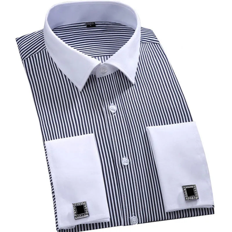 M~6XL Men's French Cuff Dress Shirt White Long Sleeve Social Male Shirts Regular Fit Party Dinner Wedding Cufflinks Formal Shirt - Ellianto fashion Men's