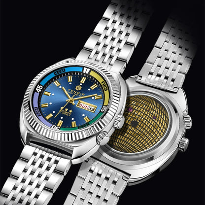 2025 Retro Fake Mechanical Men's Quartz Watch Fashion Sport Butterfly Buckle Steel Belt Week Calendar Large Dial Watches For Man - Ellianto fashion Men's