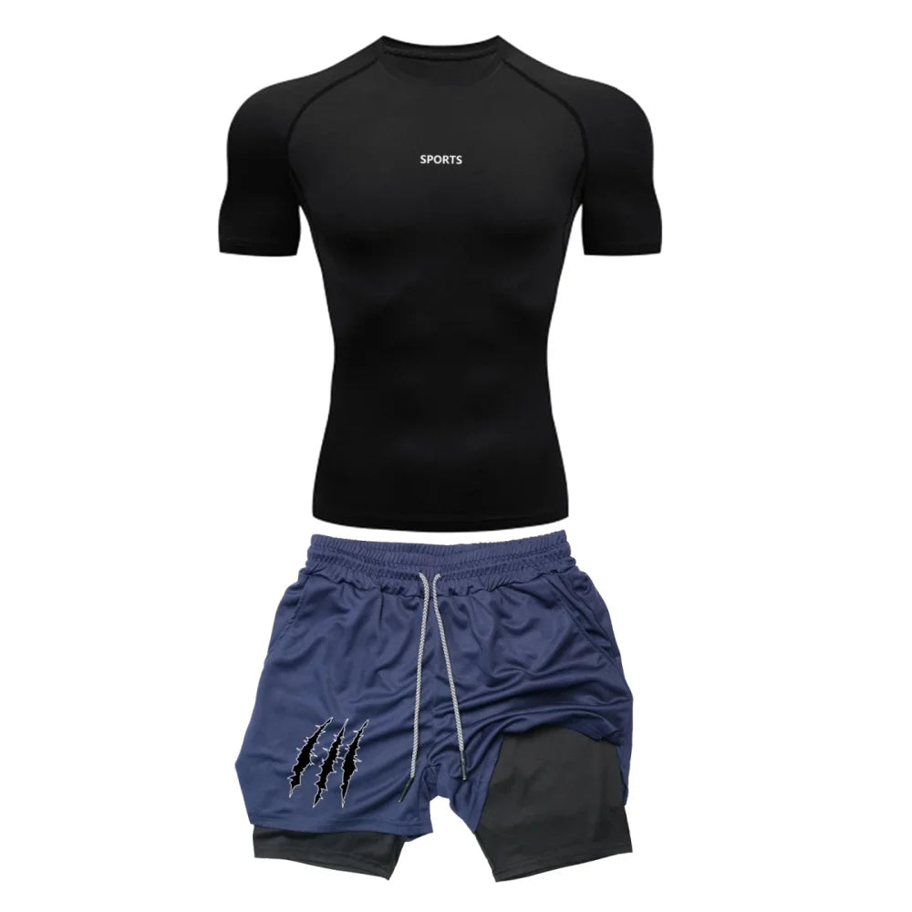 Men’s Sports Compression Set – Quick-Dry Rash Guard Top & 2-in-1 Stretch Shorts for Gym & Training