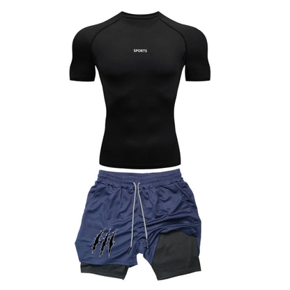 Men’s Sports Compression Set – Quick-Dry Rash Guard Top & 2-in-1 Stretch Shorts for Gym & Training