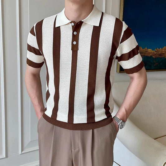 Stylish Mens Slim Short Sleeve Polo Shirts Knitting Striped Contrast Color Polo T Shirt For Men Summer New Casual Buttoned Polos - Ellianto fashion Men's