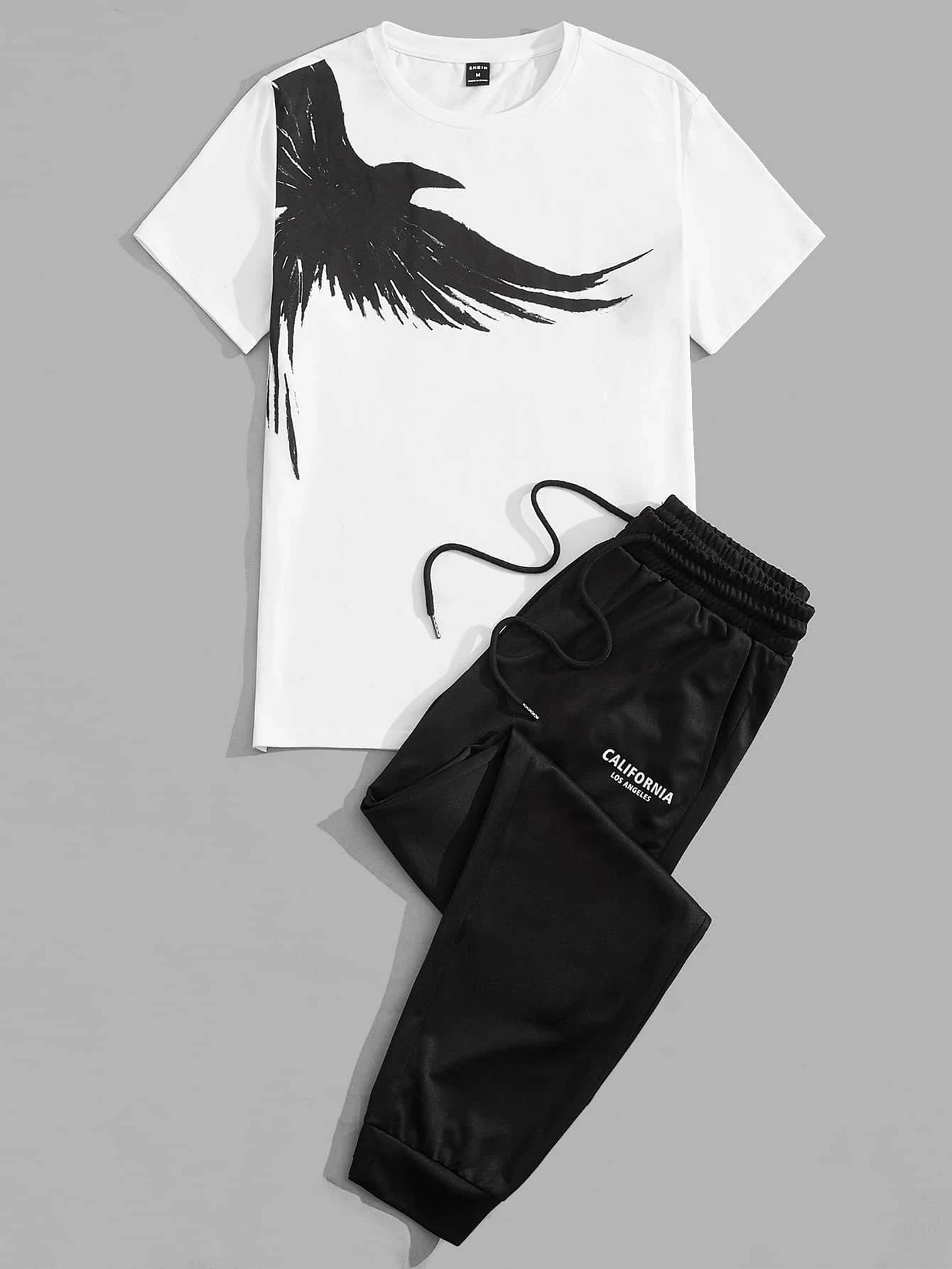 Set 2025 Simple Casual Men's T-shirt Short-sleeved Suit And Pants Fashion Eagle Print Pattern Sports And Leisure Two-piece Set - Ellianto fashion Men's