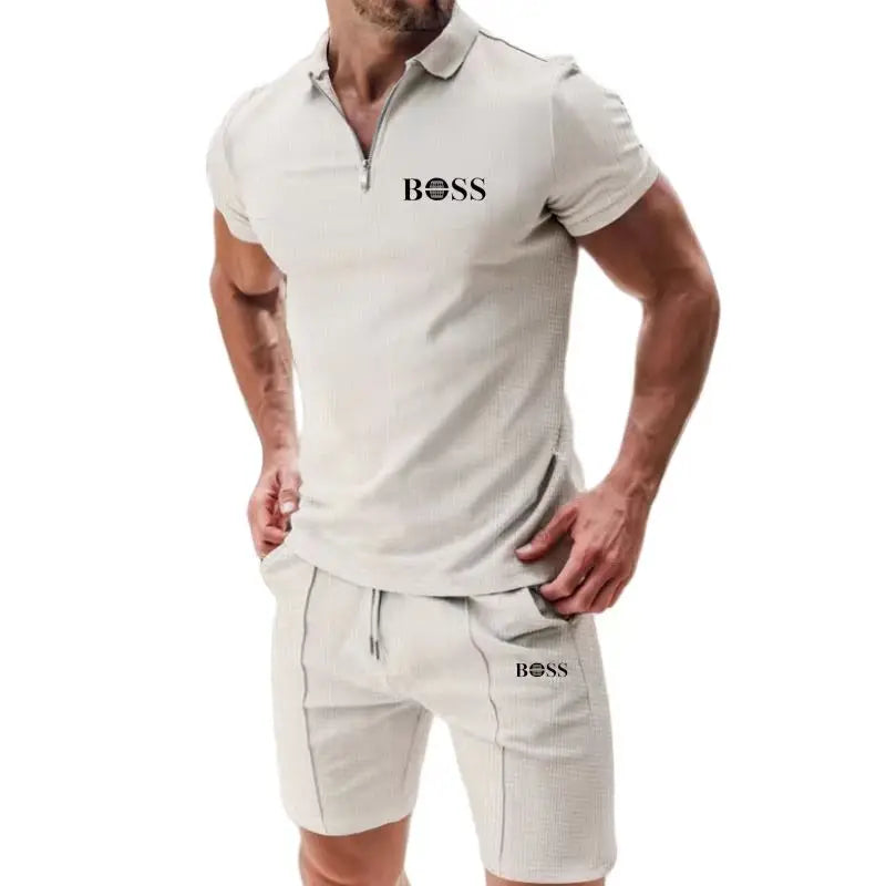 Europe and the United States men short sleeve shorts casual suit summer Waffle solid color casual loose lapel T-shirt suit men - Ellianto fashion Men's