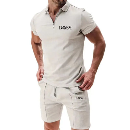 Europe and the United States men short sleeve shorts casual suit summer Waffle solid color casual loose lapel T-shirt suit men - Ellianto fashion Men's
