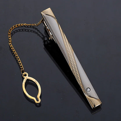 New Metal Gold Color Tie Clip With Chain For Men Wedding Necktie Tie Clasp Clip Gentleman Ties Bar Tie Pin For Men's Accessories - Ellianto fashion Men's