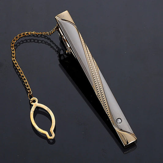 New Metal Gold Color Tie Clip With Chain For Men Wedding Necktie Tie Clasp Clip Gentleman Ties Bar Tie Pin For Men's Accessories - Ellianto fashion Men's