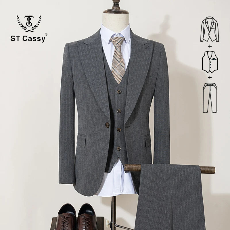 ST Cassy high-quality khaki striped suit slim fit luxurious and elegant men's business suit wedding fashion clothing 3-piece set - Ellianto fashion Men's
