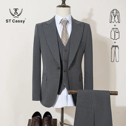 ST Cassy high-quality khaki striped suit slim fit luxurious and elegant men's business suit wedding fashion clothing 3-piece set - Ellianto fashion Men's