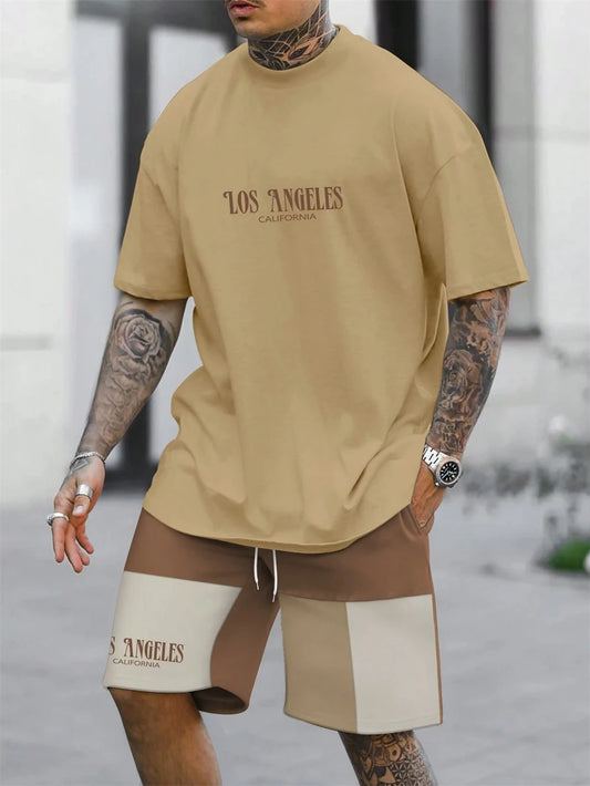 Set Summer Men's Suit Los Angeles Letters Simple Print Sport T-shirt Suit Short Sleeve Color Matching Shorts Men's Summer Clothing - Ellianto fashion Men's