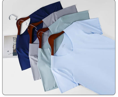 Men's Skinny Undershirt Plus Size Ice Silk Basic Shirts Breathable V-Neck Seamless T-shirt Underwear Thin Slim Bottoming Shirt - Ellianto fashion Men's