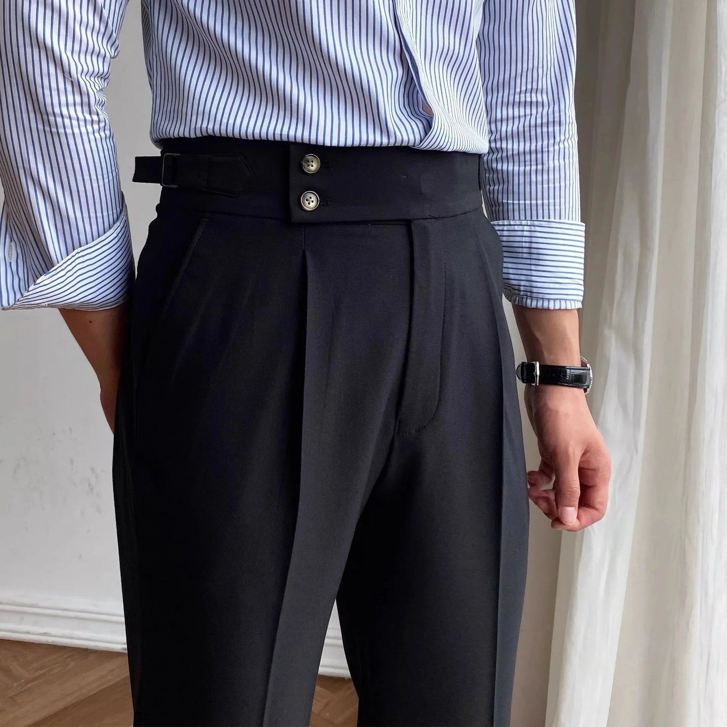 Fashionable High-End Men's Casual Pants Naples Straight Leg Non-Iron Business Paris Buckle High Waist Long Trousers - Ellianto fashion Men's