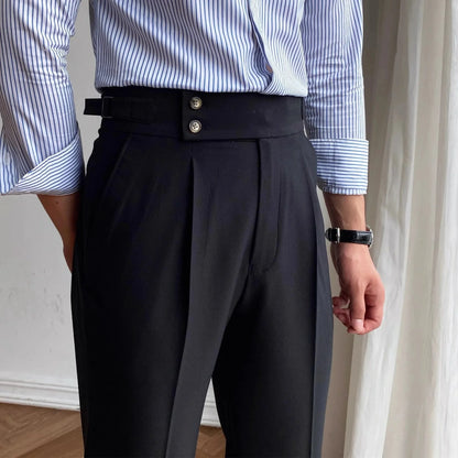 Fashionable High-End Men's Casual Pants Naples Straight Leg Non-Iron Business Paris Buckle High Waist Long Trousers - Ellianto fashion Men's