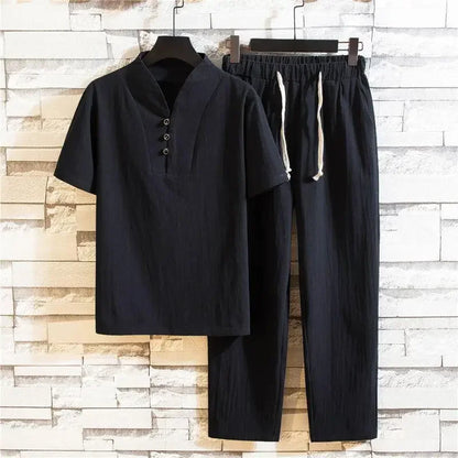 Linen Suit Men's Summer Short Sleeve Hanfu Ancient Buddhist System Zhenshi V-neck T-shirt Cotton Linen 2-piece Set - Ellianto fashion Men's