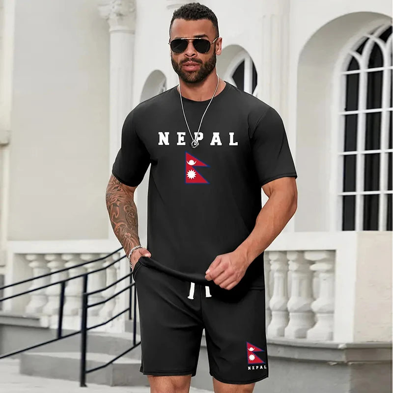 set / 2025 New Fashion Design Men's T-Shirt Men's Sports Drawstring Shorts Simple Printed Men's 2-Piece Summer Gym Breathable Suit - Ellianto fashion Men's