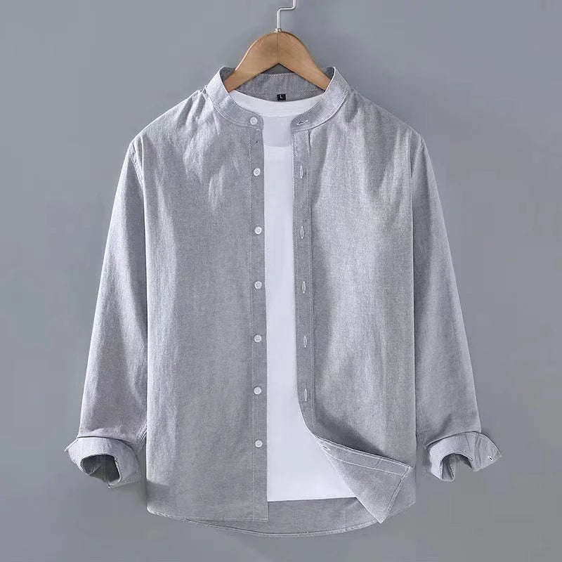 2023 Spring Summer Men's Linen Shirt Pure White Stand Collar Long Sleeve Henley Soft Comfortable Simple Slim Fashion - Ellianto fashion Men's