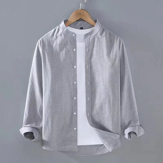 2023 Spring Summer Men's Linen Shirt Pure White Stand Collar Long Sleeve Henley Soft Comfortable Simple Slim Fashion - Ellianto fashion Men's
