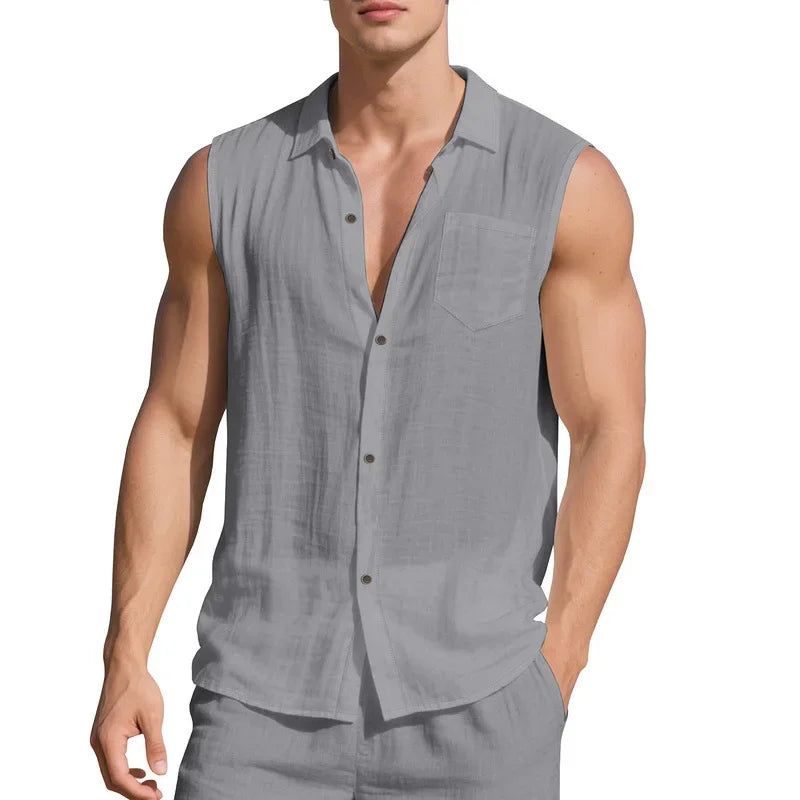 Men’s Summer Linen Sleeveless Open Shirt – Lightweight, Breathable Comfort with Relaxed, Sophisticated Style for the Modern Gentleman
