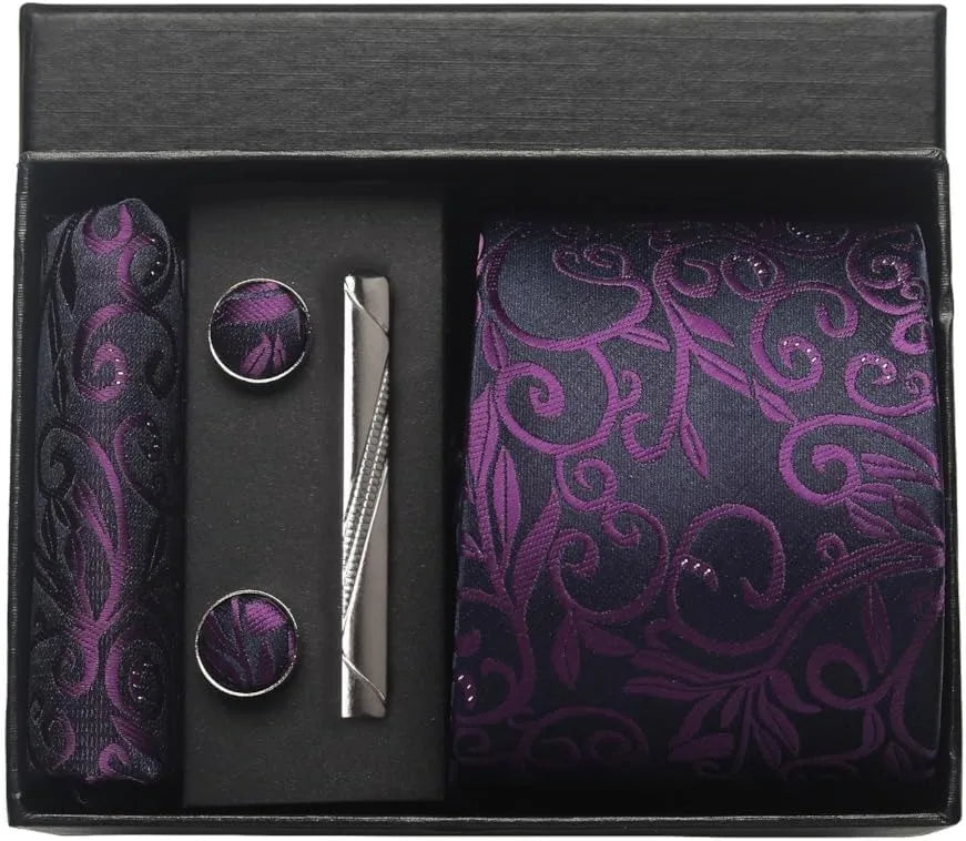 100% Silk Necktie Paisley Floral Mens Tie Top Quality Business Tie Pocket Square Tie Clip Cufflinks Set Classic For Men Gift Box - Ellianto fashion Men's