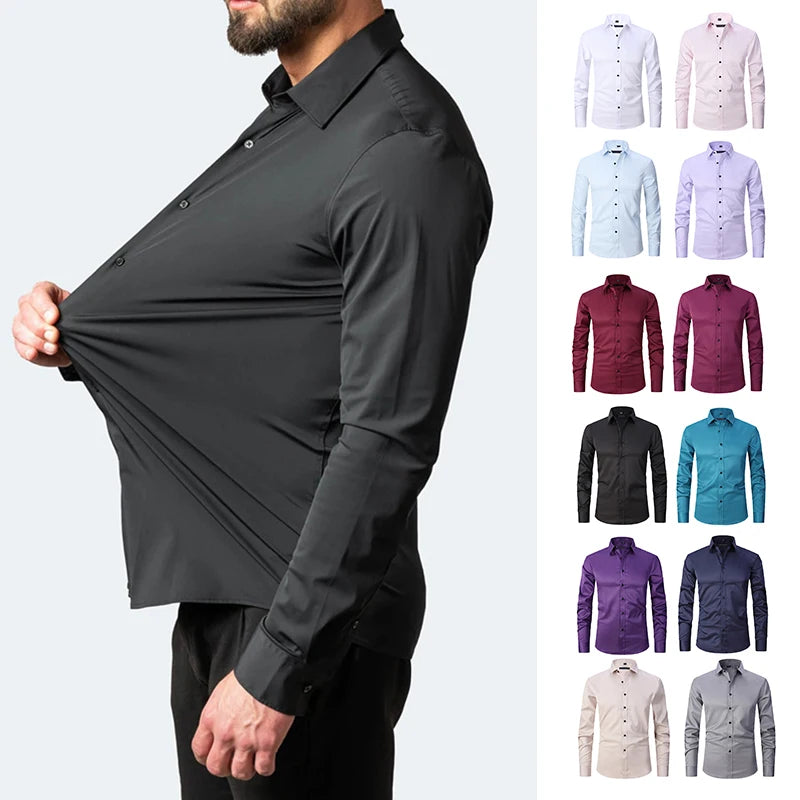 High Elasticity Seamless Spandex Shirt Men Long Sleeve Slim Fit Casual Solid Color Social Formal Dress Shirts 2025 - Ellianto fashion Men's