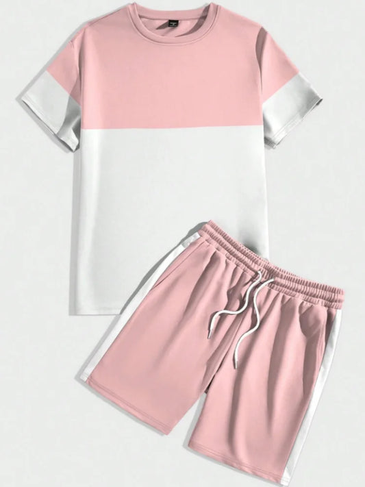 Men's Fashion 2 Piece Summer Tracksuit Holiday 2025 New Short Sleeve Colorblock Shorts Sets Oversized Sports Gym Fit Suits - Ellianto fashion Men's