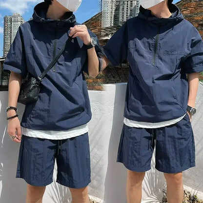 Summer Cargo Style Set Men's Casual Hooded Solid Short Sleeve T-shirt Shorts Loose Fashion High Quality Handsome Sweatshirt Suit - Ellianto fashion Men's