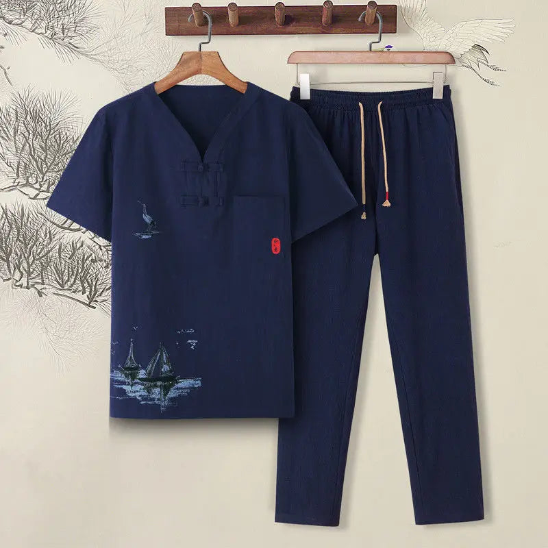 Summer Men Short-sleeved T-shirt Casual Cotton and Linen Solid Color Versatile Loose Trousers - Ellianto fashion Men's