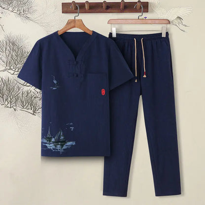 Summer Men Short-sleeved T-shirt Casual Cotton and Linen Solid Color Versatile Loose Trousers - Ellianto fashion Men's