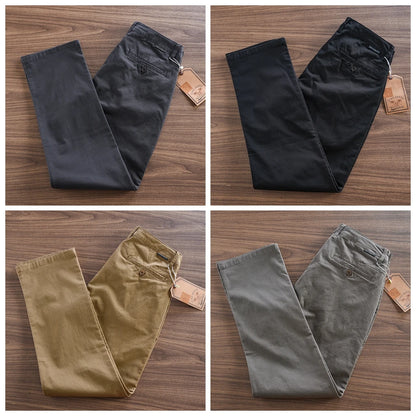 2025 Autumn New American Retro Woven Twill Cargo Pants Men's Simple 97.4% Cotton Washed Micro Elastic Straight Casual Trousers - Ellianto fashion Men's