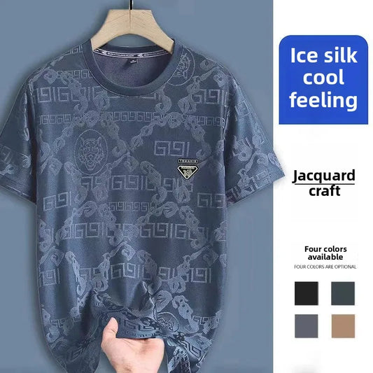 Summer Casual High Density Embroidery Ice Silk Short Sleeve T-Shirt Men's Thin Stylish Lightweight Breathable round Neck Top