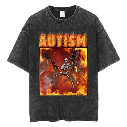 Autism Skeleton Meme T Shirt Human Funny Skull Men Women Harajuku Gothic Vintage Washed T Shirts Oversized Casual Cotton T-shirt