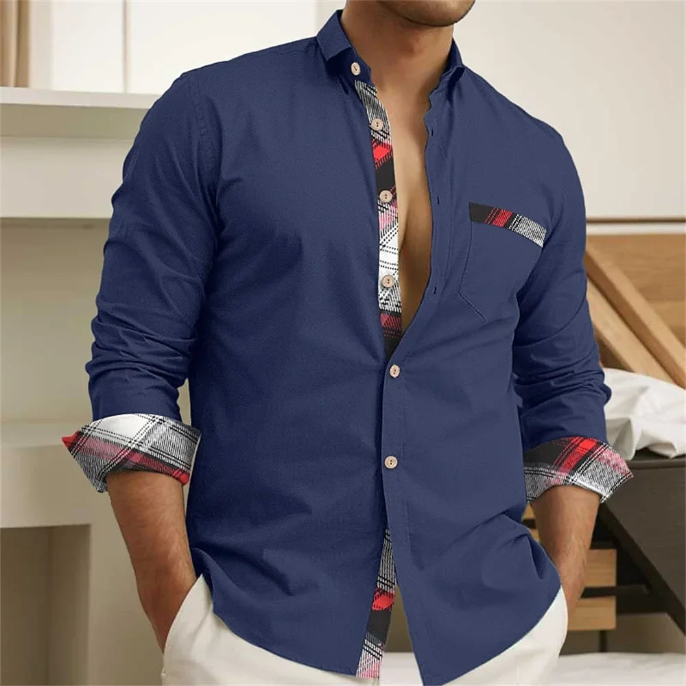Men's Button Up Shirt, Black and White Solid Color, Long Sleeved Striped Cuffs, Lapel Collar, Daily Vacation Pocket, Fashionable - Ellianto fashion Men's