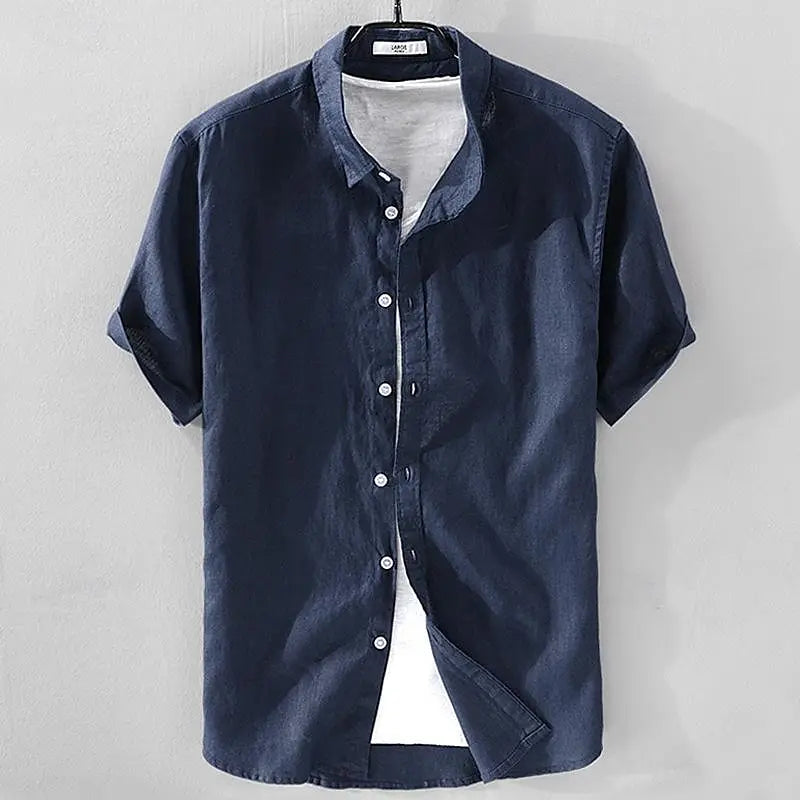 Summer Henry V Neck Button Down Shirt Soft and Comfortable Men's Casual Hawaiian Shirt Solid Color White Black - Ellianto fashion Men's
