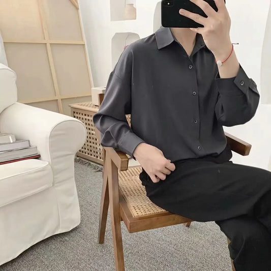 Trendy Korean Style Black Long Sleeve Casual Loose Fit Men's Shirt Draped Fashionable Smart Casual Thin Knit Top For Men - Ellianto fashion Men's