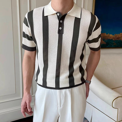 Stylish Mens Slim Short Sleeve Polo Shirts Knitting Striped Contrast Color Polo T Shirt For Men Summer New Casual Buttoned Polos - Ellianto fashion Men's