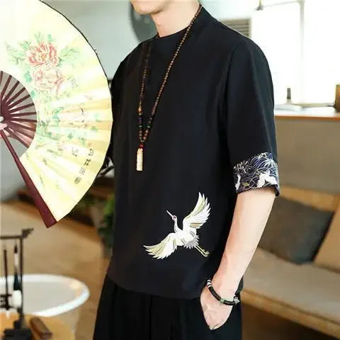 Men’s Chinese-Style Summer Cotton-Linen Short-Sleeve Shirt – Lightweight Comfort with Elegant Embroidered Crane Design for the Modern Gentleman