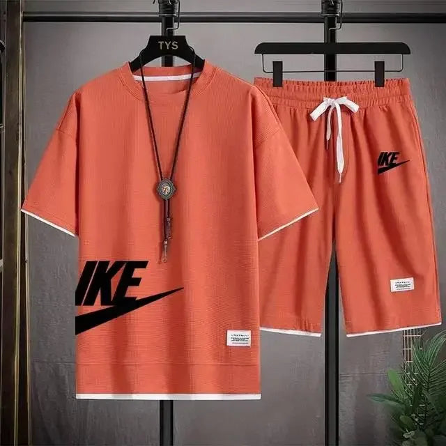 2025 Men's breathable short-sleeved T-shirt + jogging shorts two-piece summer fashion quick-dry fitness leisure sports suit - Ellianto fashion Men's