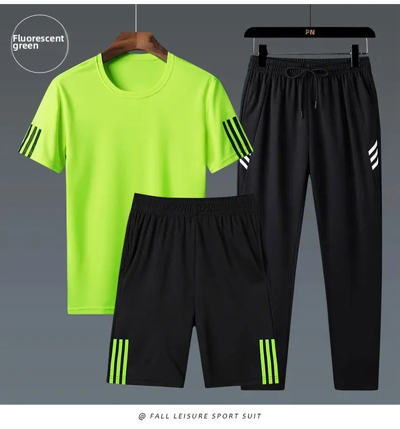 Summer Casual Sports Men's Short Sleeve T-Shirt plus Size Three-Piece Set New Style Long Pants Comfortable Breathable Clothing - Ellianto fashion Men's