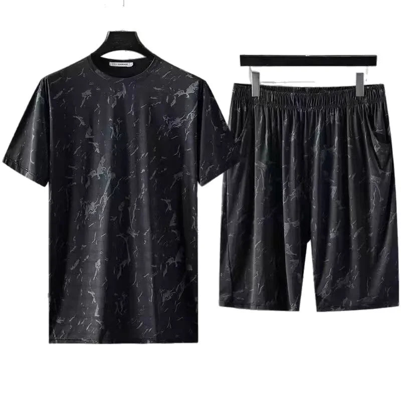 Ice Silk Short Sleeve Short Pants Set Casual Loose Fit Men's Clothing Breathable Sportswear Summer Outfit Two-Piece Suit - Ellianto fashion Men's